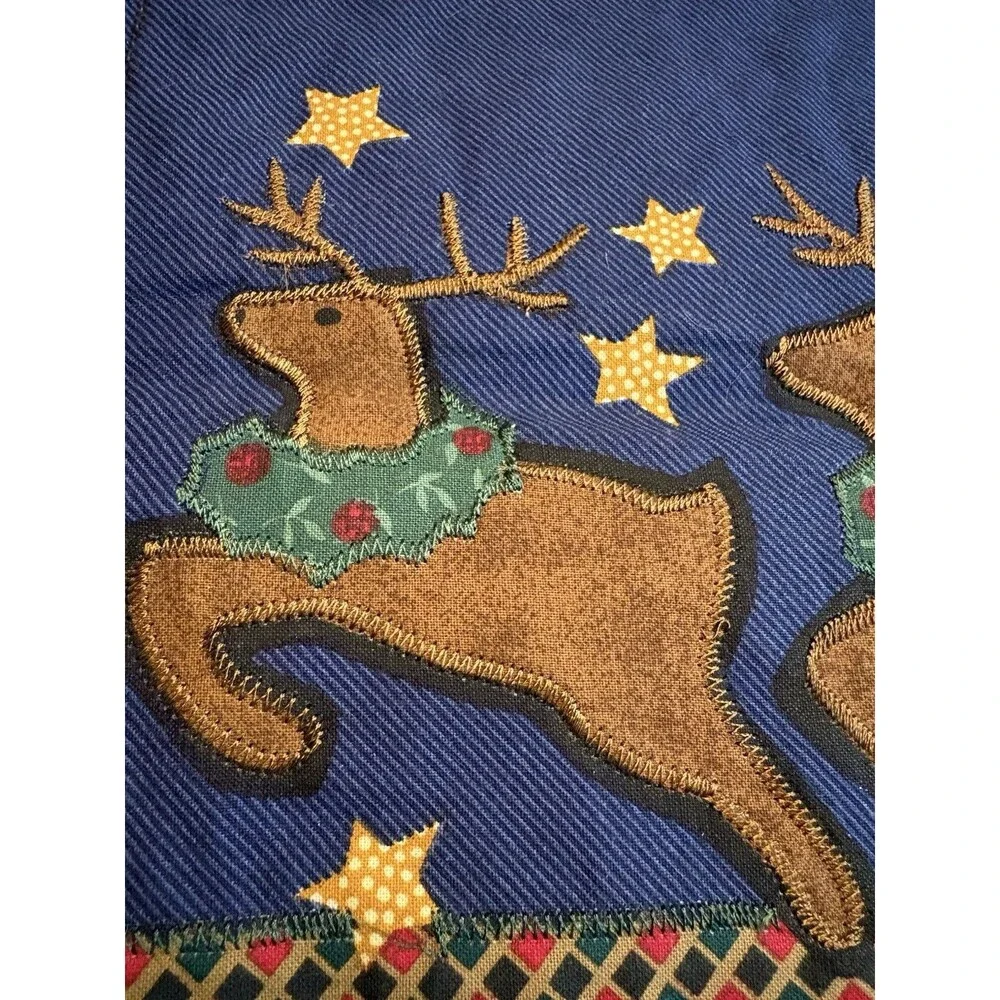 Vintage Quilted Christmas Table Runner Reindeer Applique Blue Green Country 90s